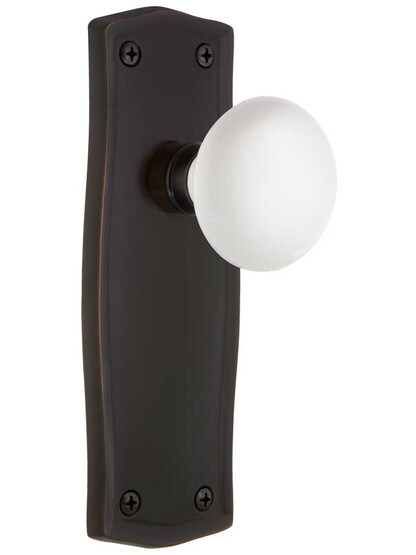 Prairie Door Set with White Porcelain Knobs - No Keyhole in Timeless Bronze.